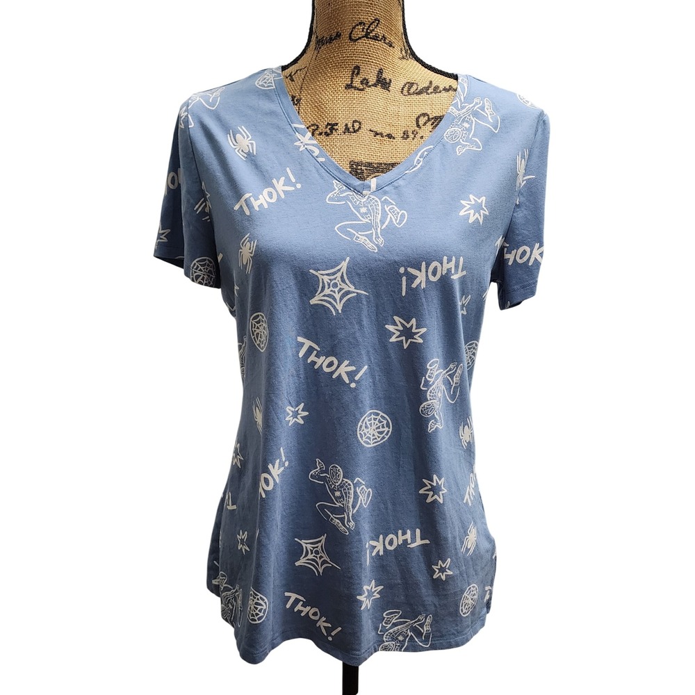 Marvel Amazon Essentials Spider-Man Graphic V-Neck T-Shirt Women's Size L Blue